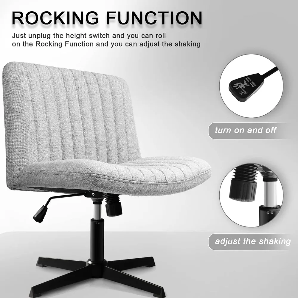 Silla de escritorio entrecruzada sin ruedas, asiento ancho sin brazos acolchado de tela, mecedora de 120 °, espalda media, ergonómica, para tareas de ordenador