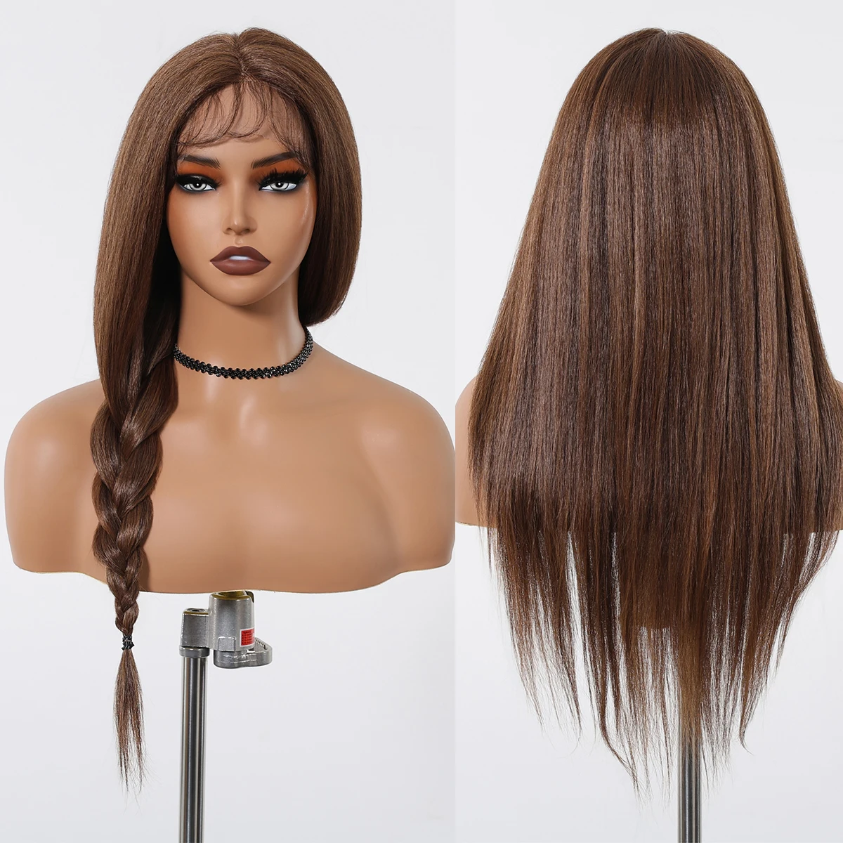 Wig sintetis lurus renda depan coklat untuk wanita wig bagian tengah coklat panjang dengan rambut bayi rambut alami pesta rambut palsu