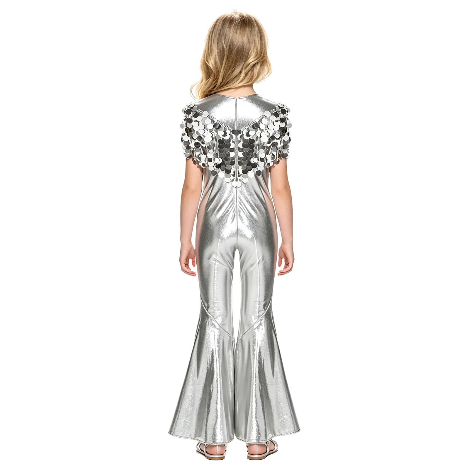 Girls 70s Disco Jazz Dance Cowgirl Jumpsuit Metallic Shiny Sequin Tassel Flared Bodysuit Halloween Carnival Pageant Party Costum view 3