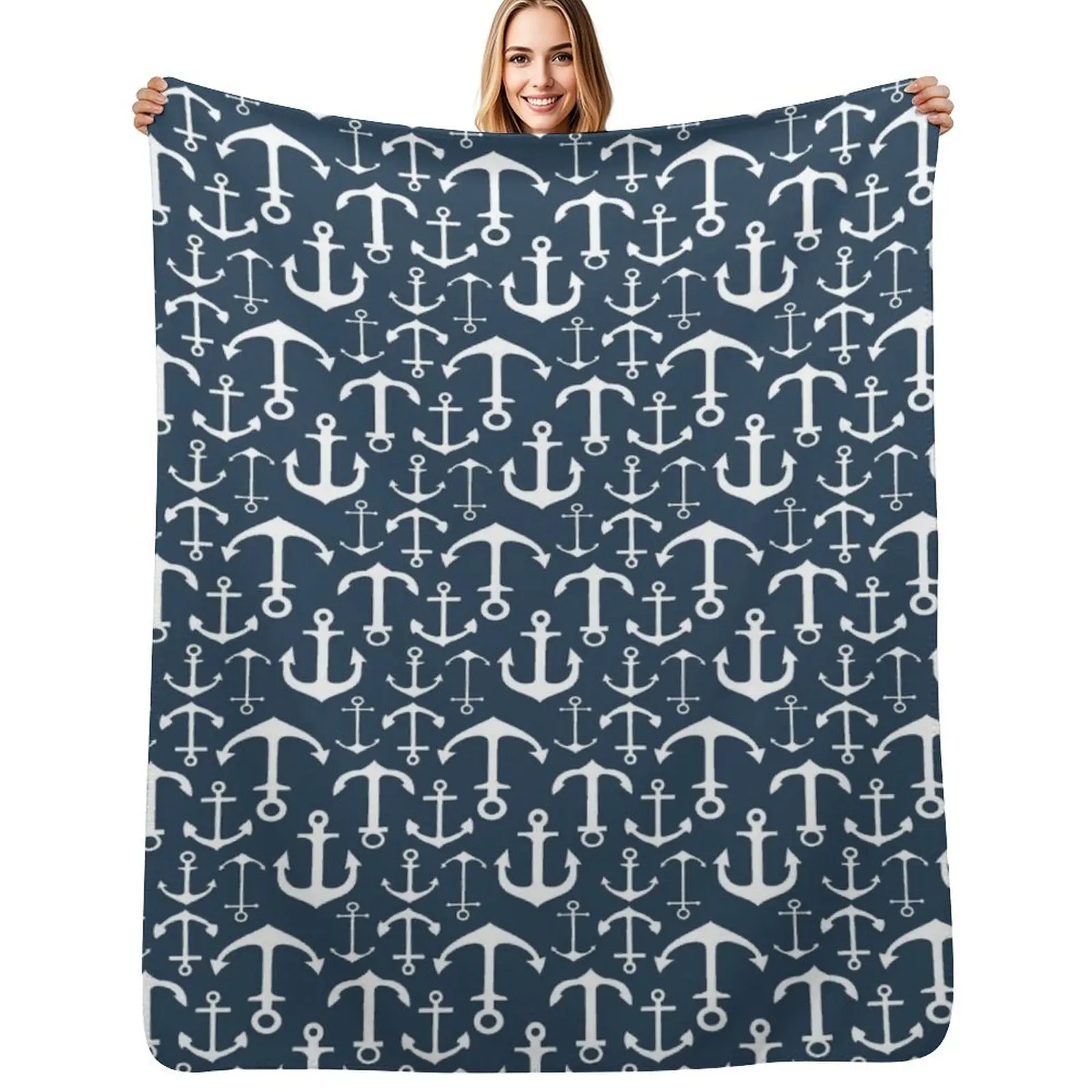 

Anchors on Navy Throw Blanket Machine Washable Soft Warm Blanket