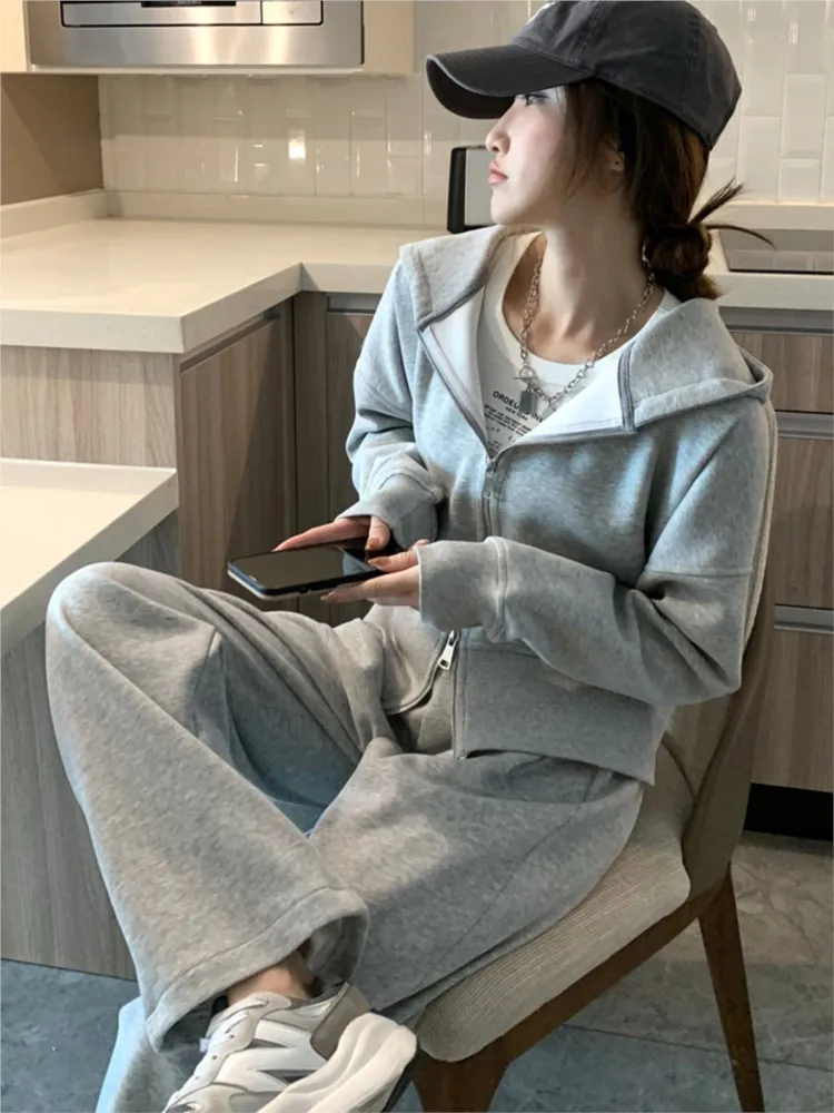 Gray Autumn Sporty Woman Tracksuit Zipper Hoodie And Loose Wide Leg Pant Sets Loose Sweatshirt Fashion Casual Winter 2 Piece Set