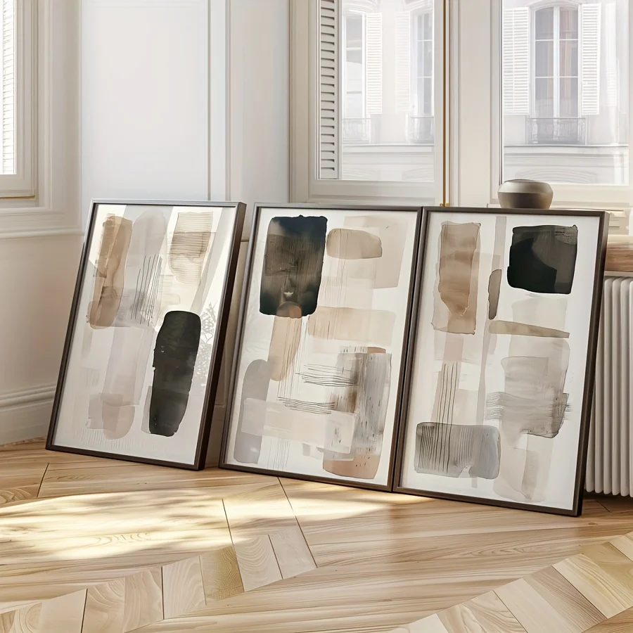 3PC frameless  of Black Beige Simple Geometric Canvas Printing Neutral Gallery Abstract Wall Art Posters for Modern Nordic Home