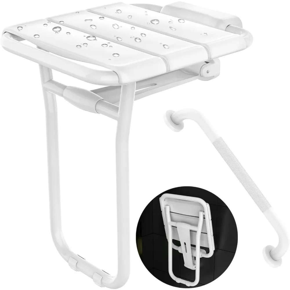 

Folding Shower Seat Wall Mounted - 500 Lbs Capacity - 14x16'' Stainless Steel Shower Bench w/ 16'' Grab Bar for Inside Shower