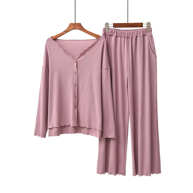 Pijama de algodón de estilo japonés para mujer, traje de primavera y otoño, cárdigan de color sólido, pantalones de manga larga, traje de servicio a