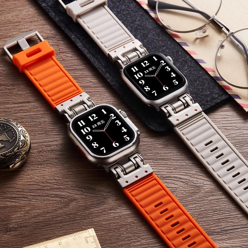Silicone Bands for Apple Watch Ultra 2 49mm 46mm 45mm 44mm 42mm metal Strap for Series 10 9 8 7 6 5 4 NEW design Robot connector
