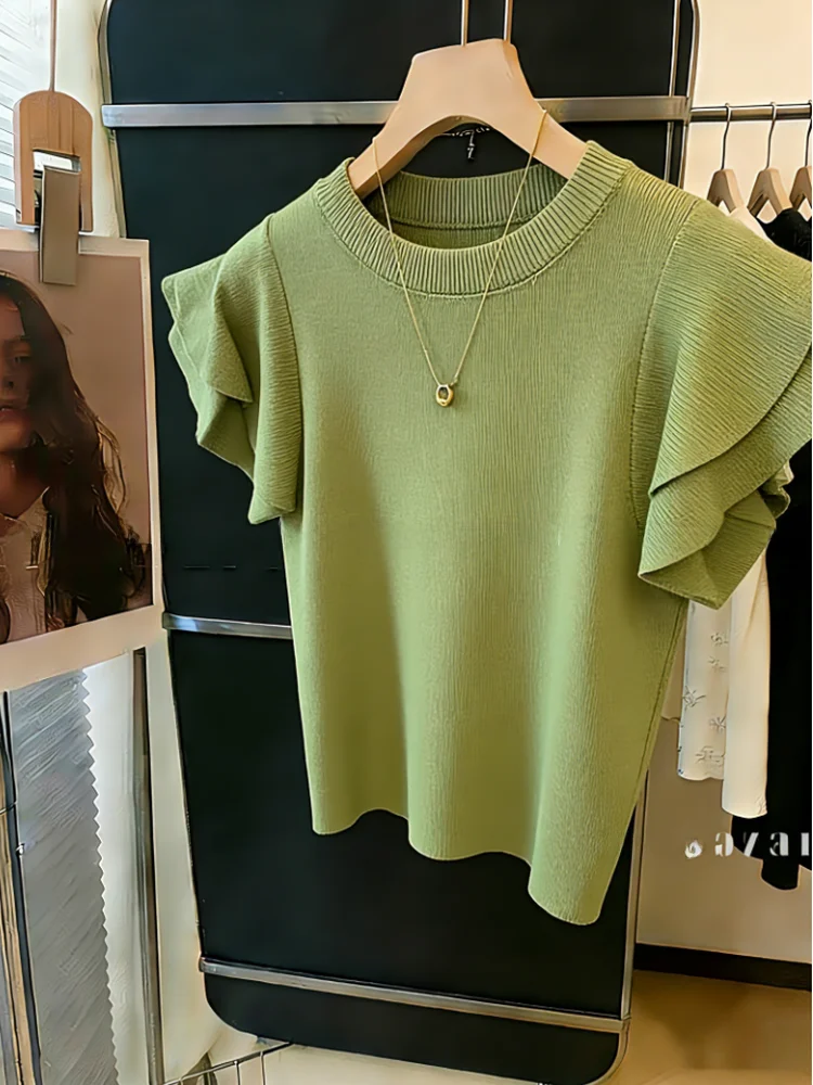 

Green Lace Sleeve round Neck Knitted Top Women's Summer New Style Thin High-End Feeling Age-Reducing Self-Keeping Style