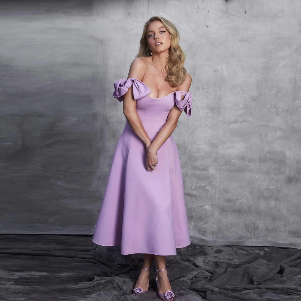 Cute Satin A Line Women Summer Dresses Off The Shoulder Bow Sleeves Tea-length Prom Party Dress Custom Made Taffeta BrithdayGown