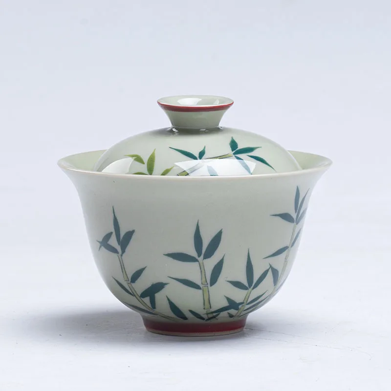 Secret Green Hand-painted Gaiwan Kung Fu Set Ceramic Handheld with Bamboo Elements Tea Room Brewing Bowl