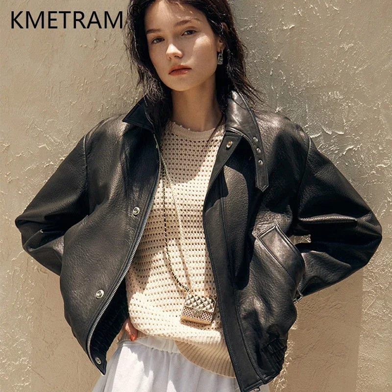 KMETRAM High-end Genuine Leather Jacket Women 2024 Short Casual Black Leather Jackets Real Sheepskin Coat Elegant Streetwear