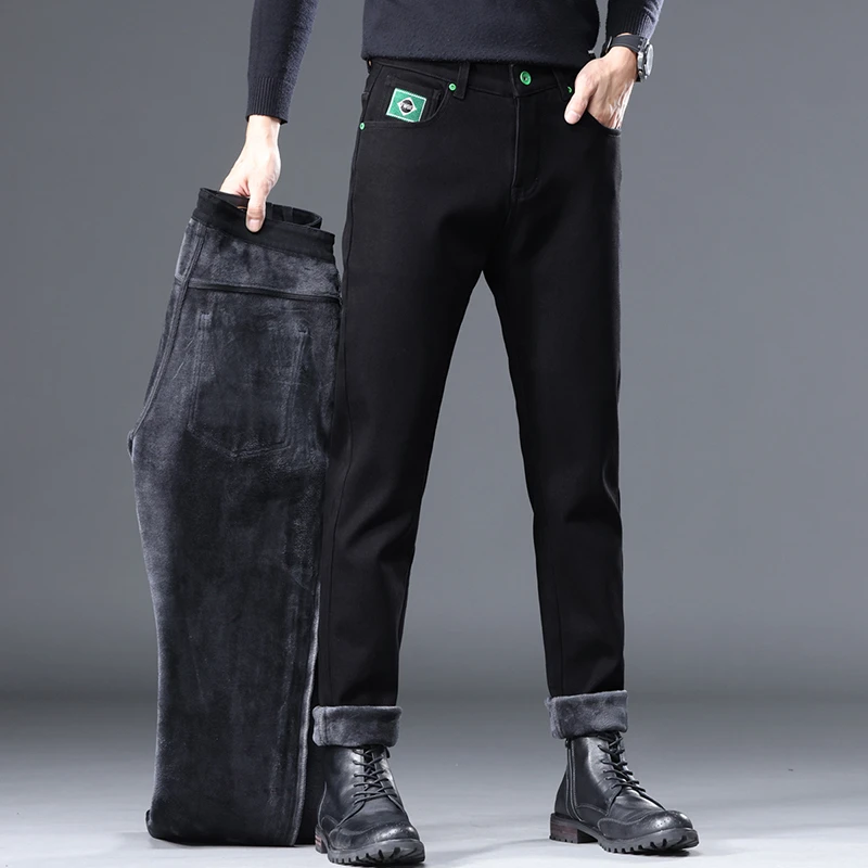 Men's Stretch Fleece Jeans Classic Style Business Fashion Pure Black Slim-fit Denim Pants Male Brand Casual Trousers