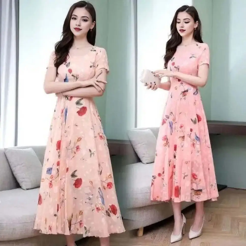 Printed Dress Elegant A-line Printed Midi Dress for Women Flattering High Waist Prom Dress with Short Sleeves Stylish O Neck