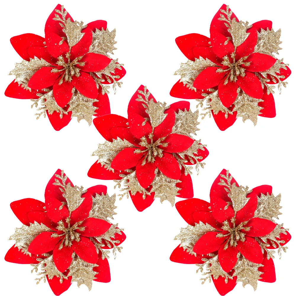 5/10Pcs 15cm Glitter Red Christmas Flowers Artificial Poinsettia Flower Ornaments 2024 Christmas Decoration For Home New Year