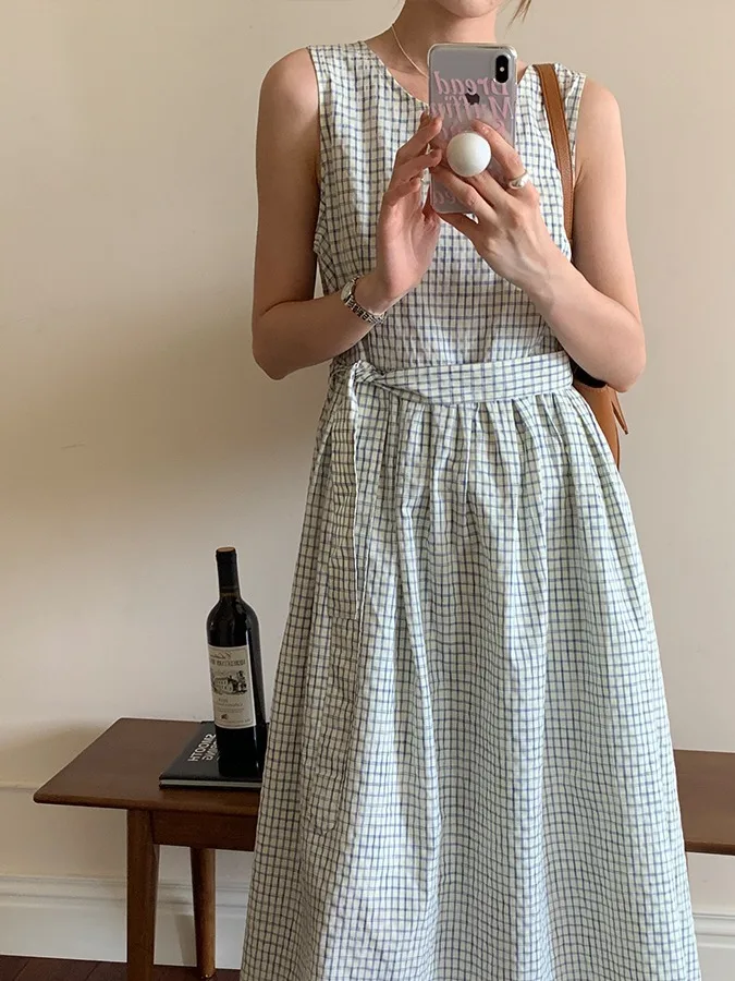 Vestido Midi Retro a Cuadros sin Mangas para Mujer, Hoado, Rejuvenecedor, con Cuello Redondo y Cinturón en la Cintura