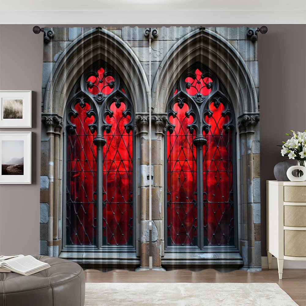2pcs, 2D flat printing Curtains Gothic castle Versatile Polyester,Without Electricity Holiday Decorations Suitable for Party