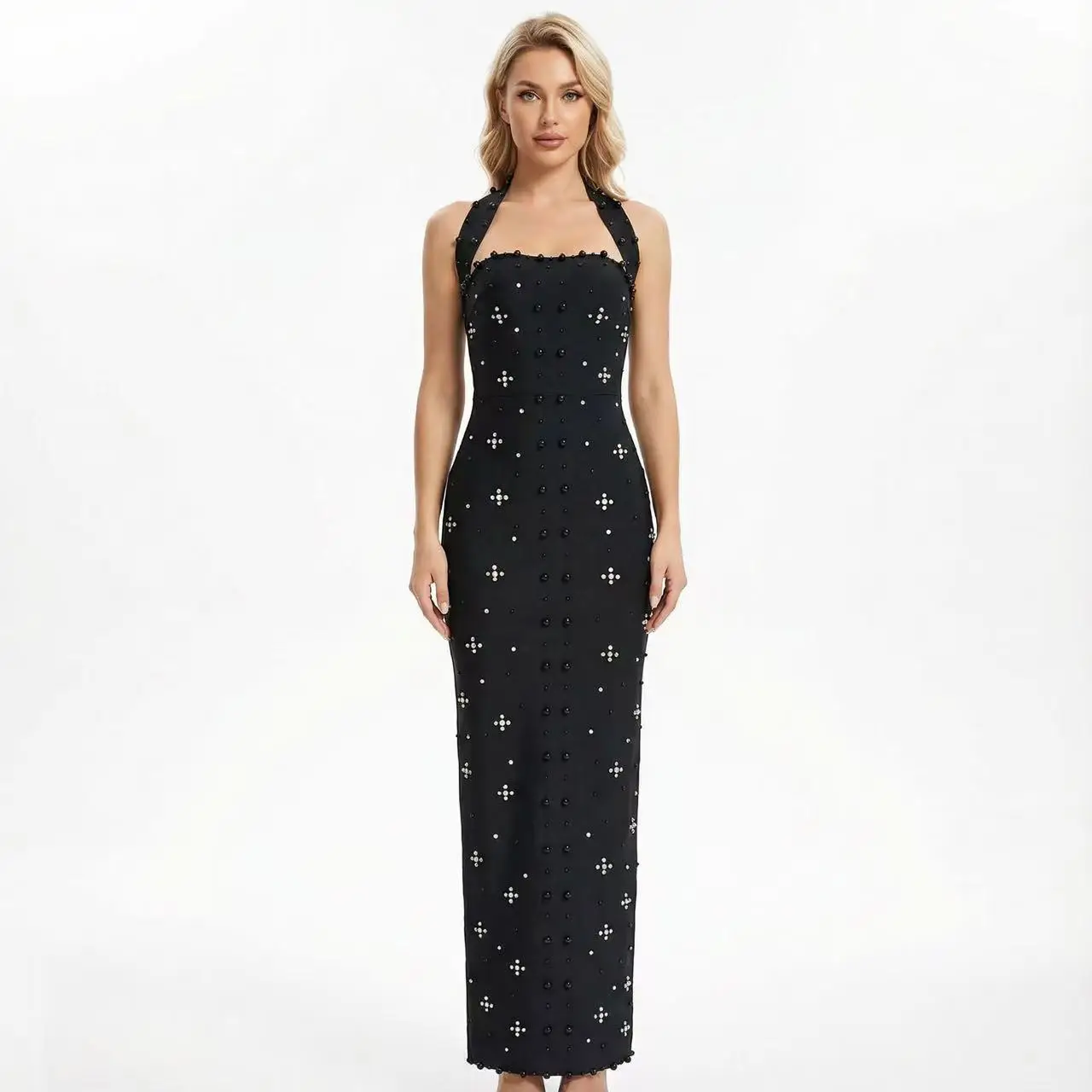 

Women Black Red Sexy Luxury Diamond Beading Halter Backless Dress Celebirty Elegant Evening Party Birthday Dress