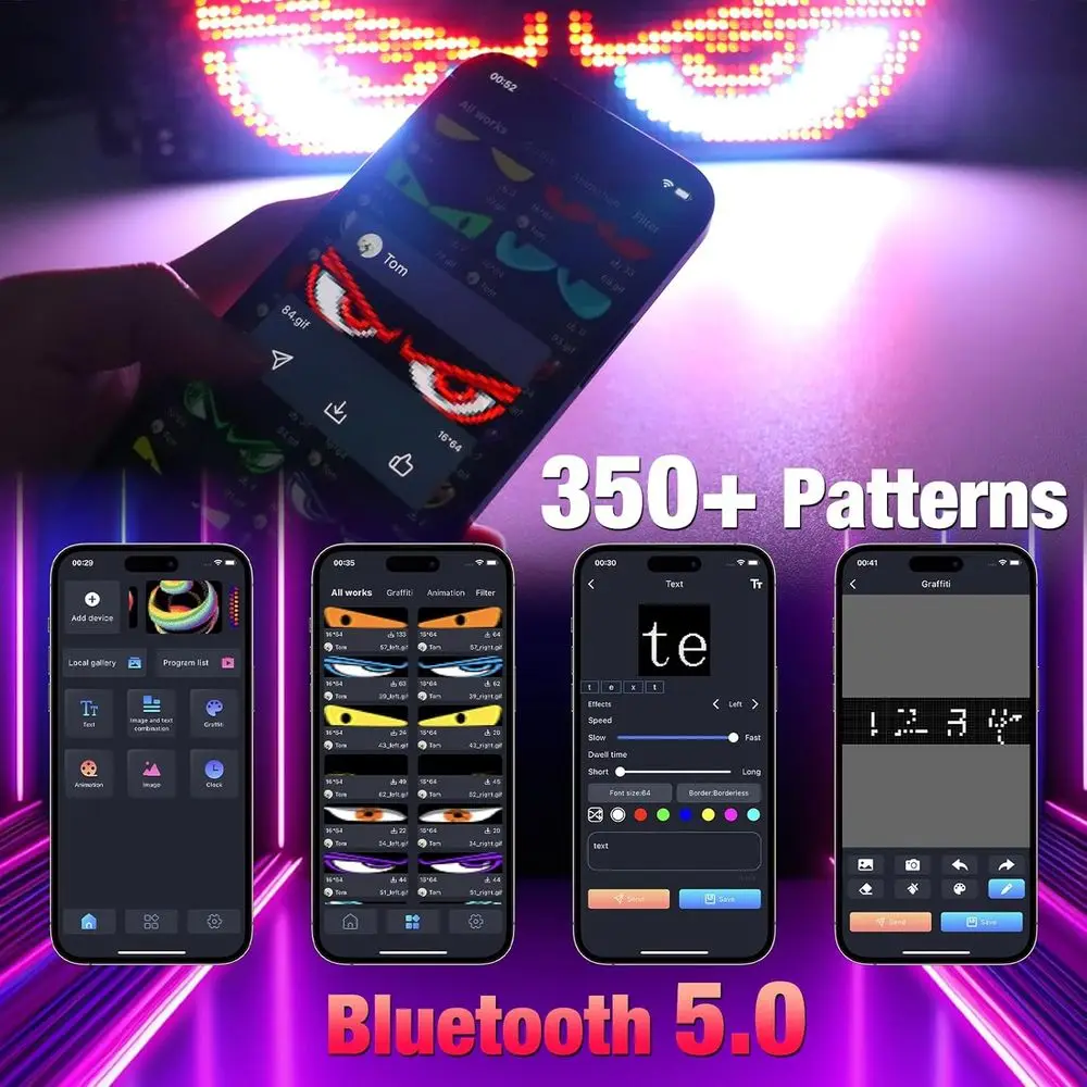 Doppi occhi da diavolo LED RGB regolabili con display animato 15x4 per auto e camion, luci a matrice controlate da app per SUV Windshie