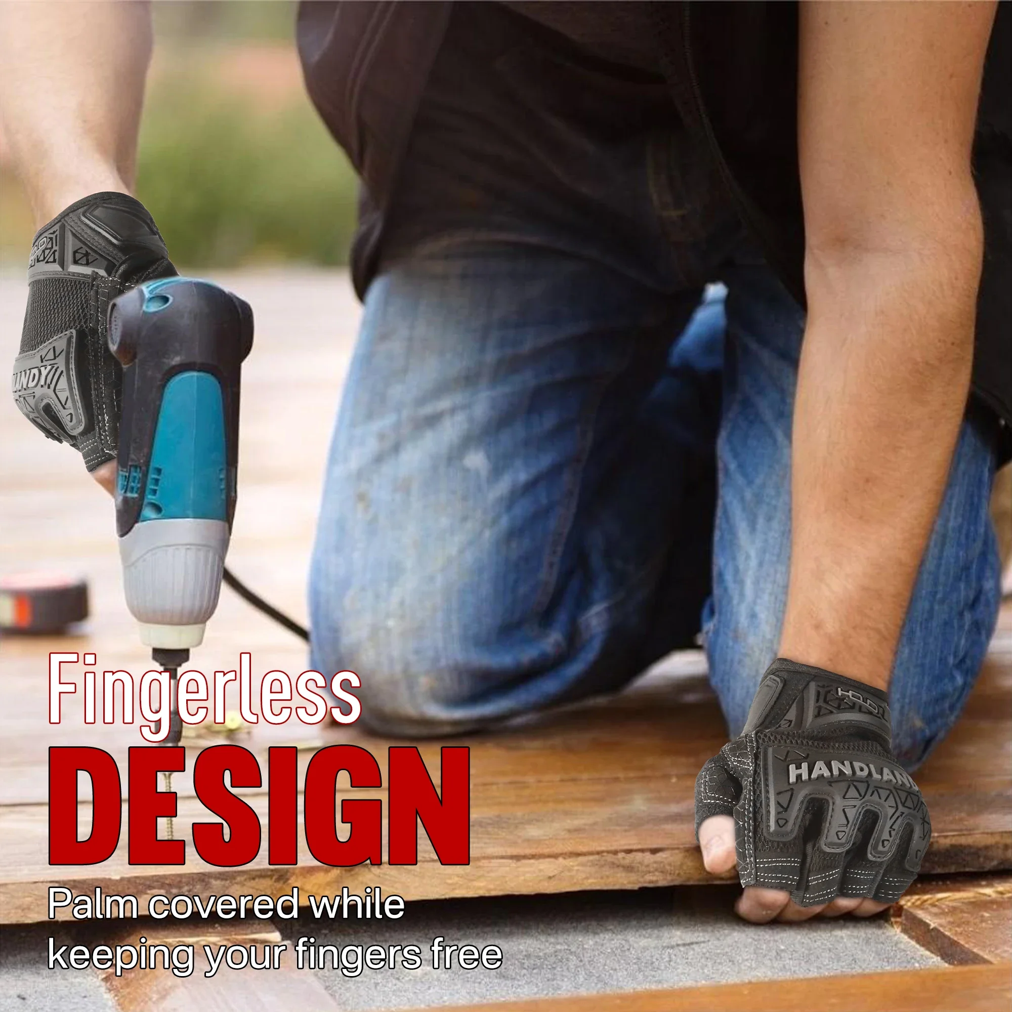 남성용 핸드랜디 손가락 없는 작업 장갑, 실리콘 코팅 TPR 너클 보호, 사냥 및 전술용 하프 핑거 장갑