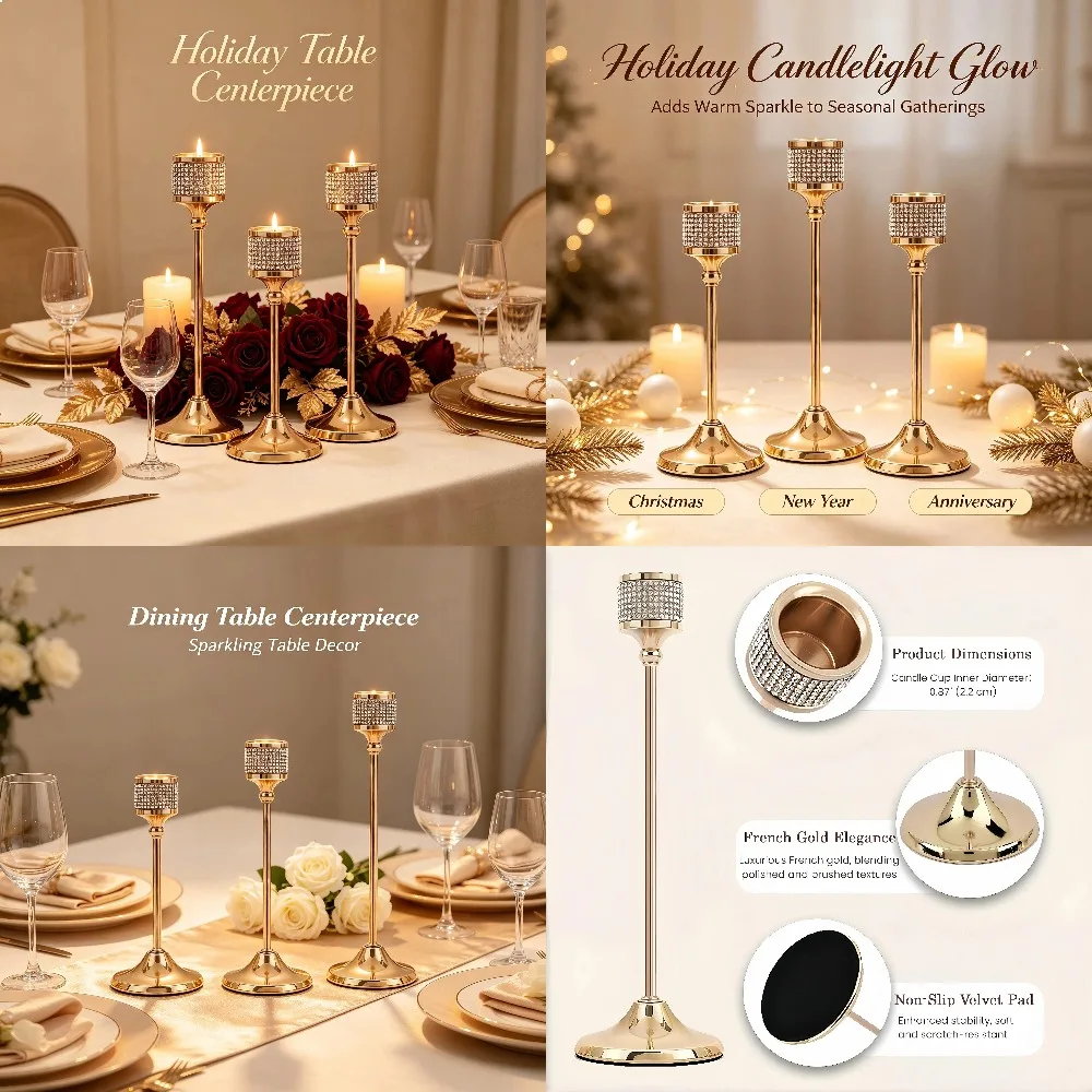 Luxury Bling Crystal Inlaid Candlestick Gold Metal Candle Holder Elegant Table Decor for Wedding Banquet Living Room Ornament