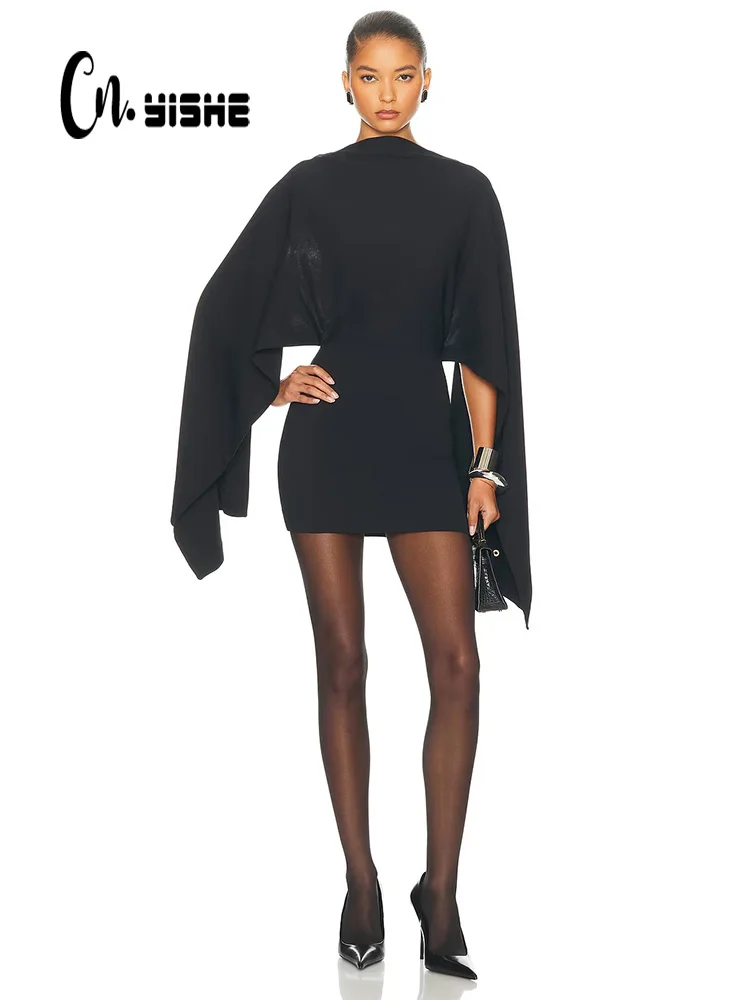 

CNYISHE Backless O Neck Long Cloak Sleeve Women Dresses Solid Elegant Evening Party Oufits Sexy Club Fashion Skinny Hip Wrap