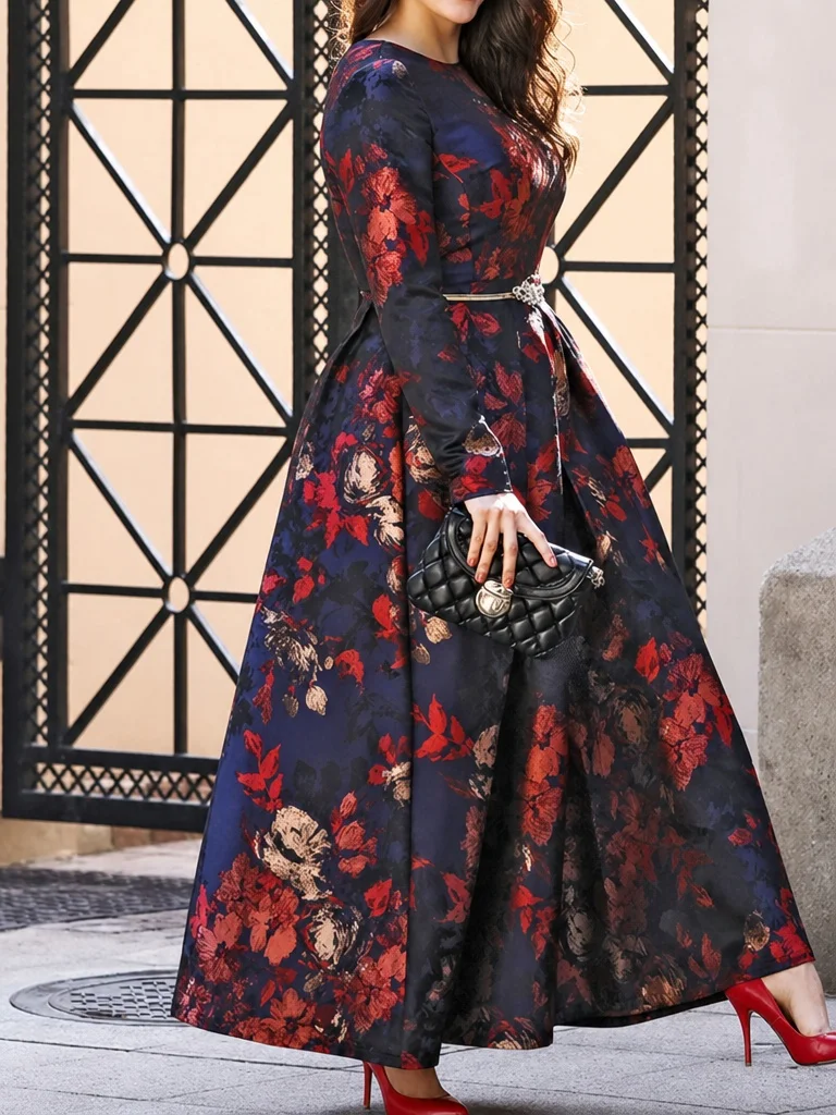 

Women's Plus Size Vintage Boho A-Line Maxi Dress Luxury Floral Jacquard Embroidery Round Neck Elegant Party Gown for Fall Winter