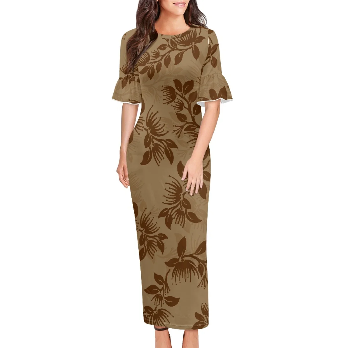 Summer Elegant Evening Party Dresses Polynesian Tribal Clothing Samoa Hawaii Lehua Print Islander Women Bodycon Petals Sleeves