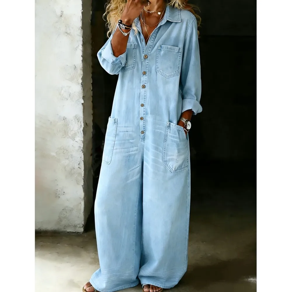 Women Denim Jumpsuit Lapel Collar Long Sleeve Button Down Loose Wide Leg Vintage Denim Rompers Pockets Casual Long Jumpsuits