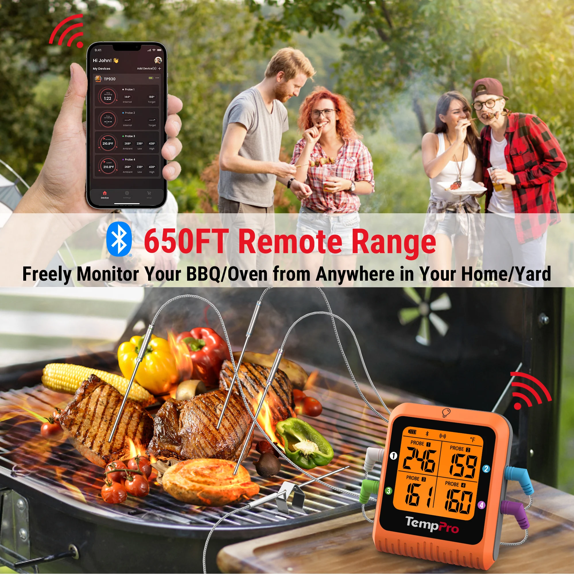 TempPro TP930 Wireless 200M Bluetooth Rechargeable Barbecue Grill Kitchen Digital Thermometer With 4 Probes For Meat Oven