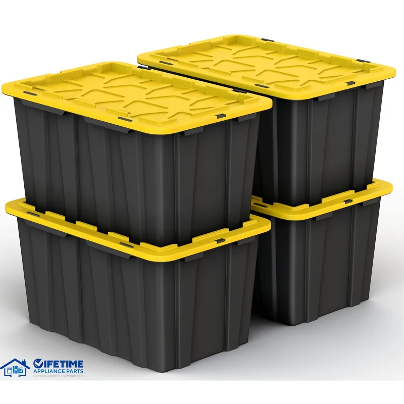 

Plastic storage box with ultra-durable safety latch cover.