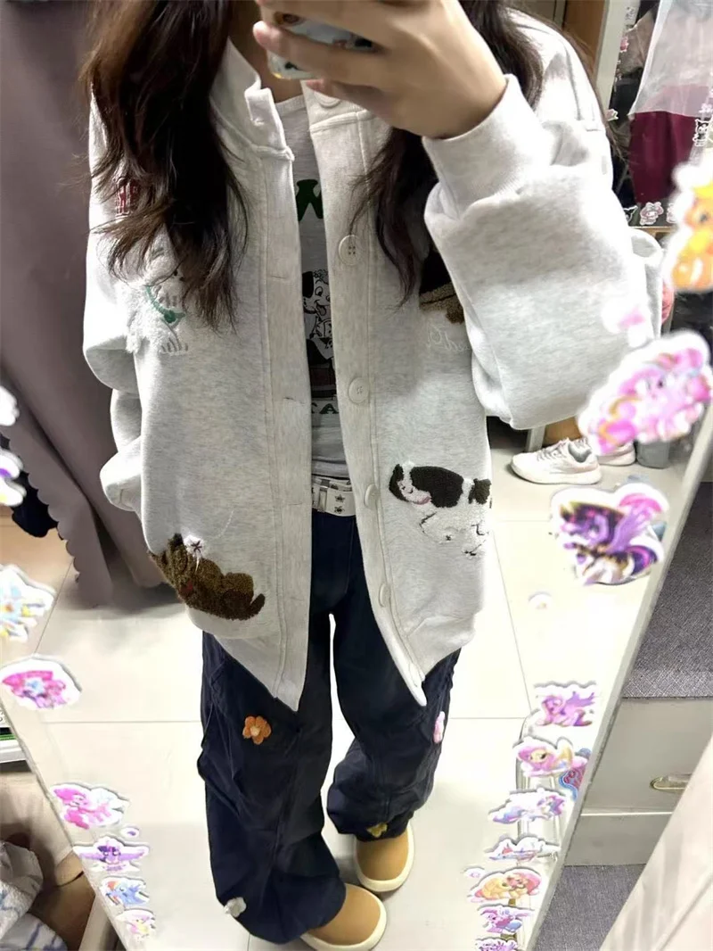 미국 레트로 강아지 타월 자수 가디건 자켓 남녀공용 가을 겨울 신상 만능 커플 루즈핏 후드티