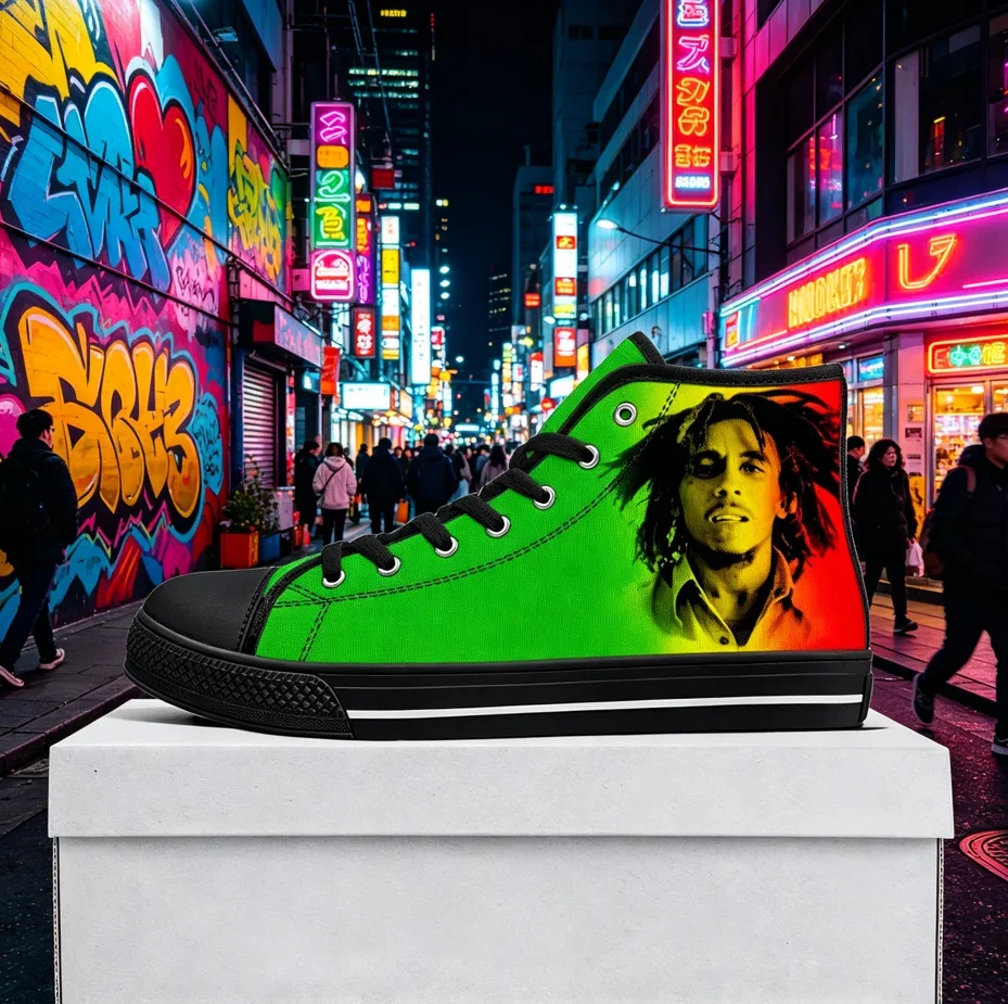 

Bob Marley Icon Reggae Star Art High Top Canvas Sneakers Unisex Hip Hop Streetwear Shoes