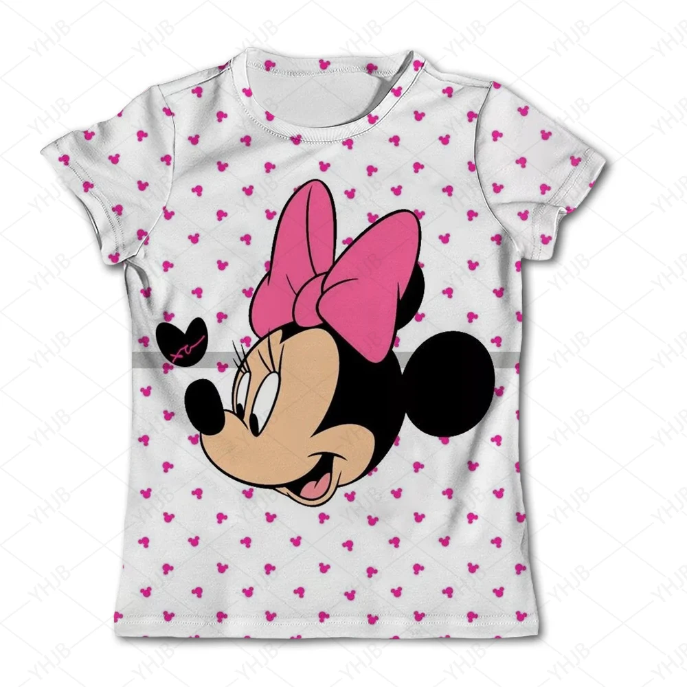 Disney 2024 New Minnie Mouse Head Print T Shirt New Hot Sale Tops Casual Cartoon Round Neck Clothes Baby Boys Girls Clothing