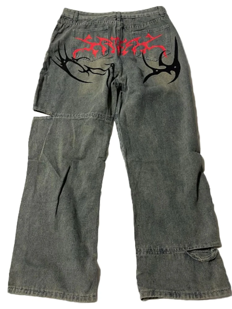 HOUZHOU Y2k Gothic Print Man Women Jeans Washed Harajuku Wide Leg American Vintage Baggy Denim Pants Unisex Hip Hop Streetwear