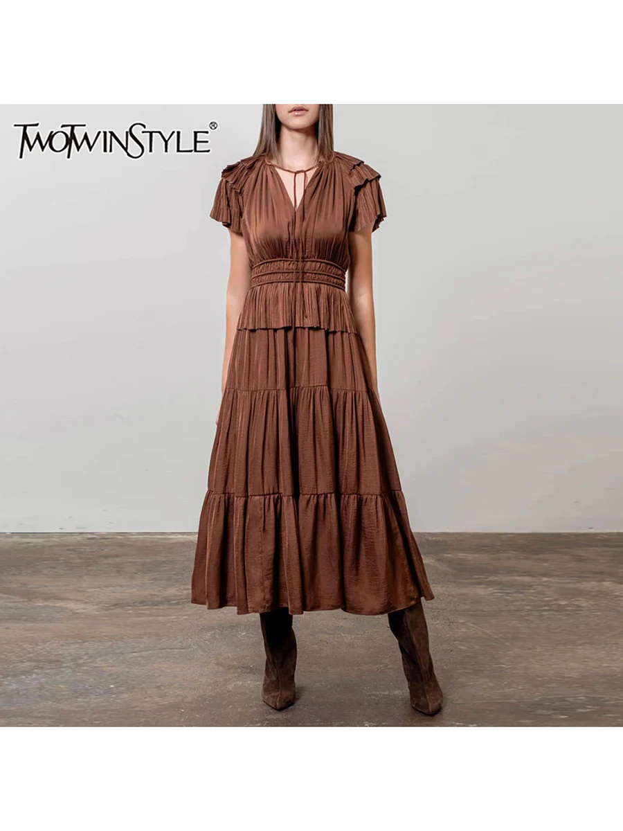 TWOTWINSTYLE Solid Spliced Lace Up Dresses For Women V Neck Short Sleeve High Wasit Patchwork Folds Elegant Dress Female Fashion