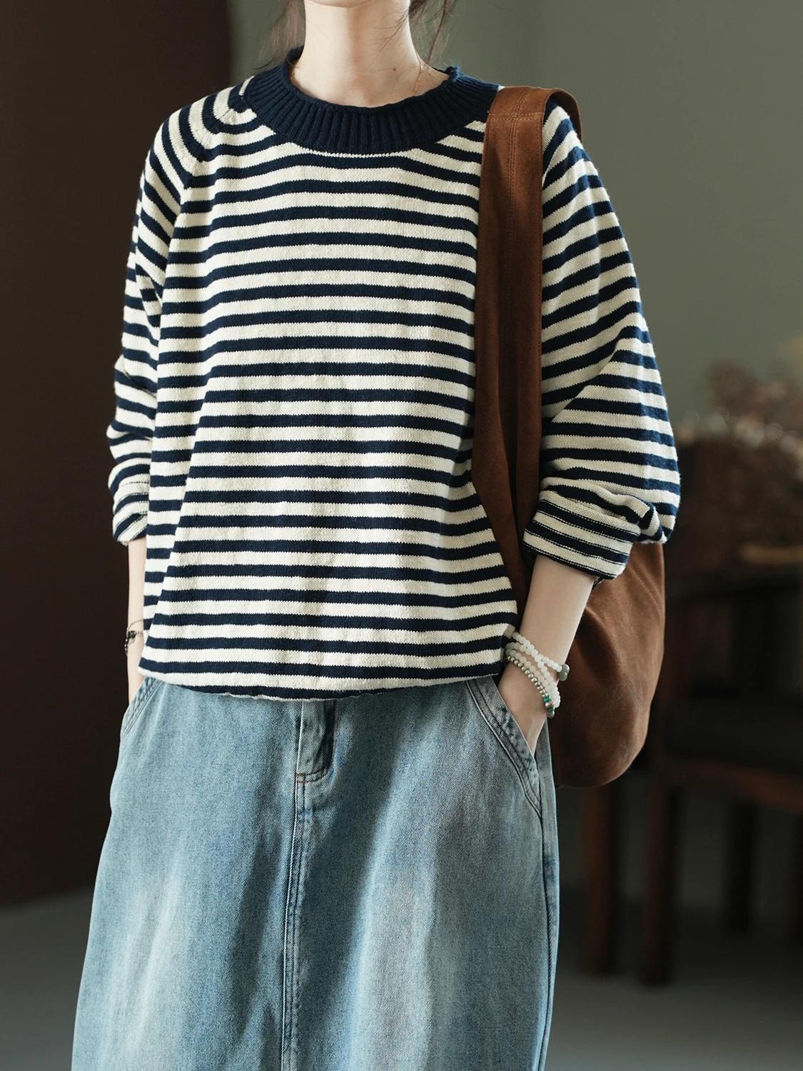 

Comfortable Loose Particle Cotton Striped Sweater Women's Commute Sle Online Exclusive Fall Season Regular Length Long Sve