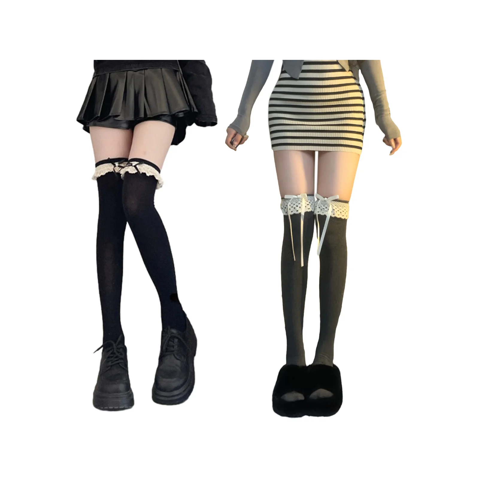 

Black bow and dark gray lace Lolita over-the-knee socks set