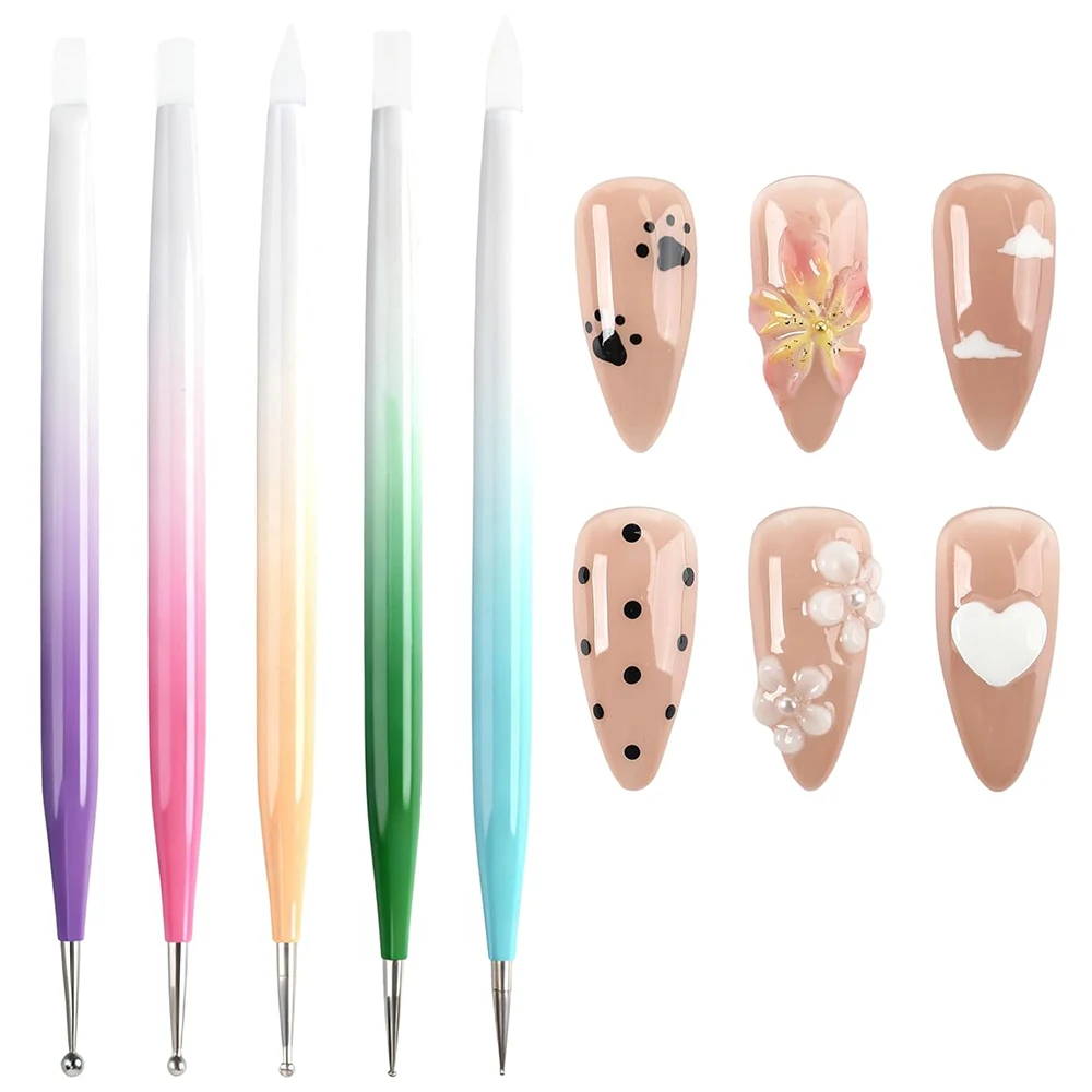 5pcs Double Ended Nail Design Brushes Silicone Pen Kits Nail Dotting Tools for Carving Drawing Effect Tools Home Salon Sculpture
