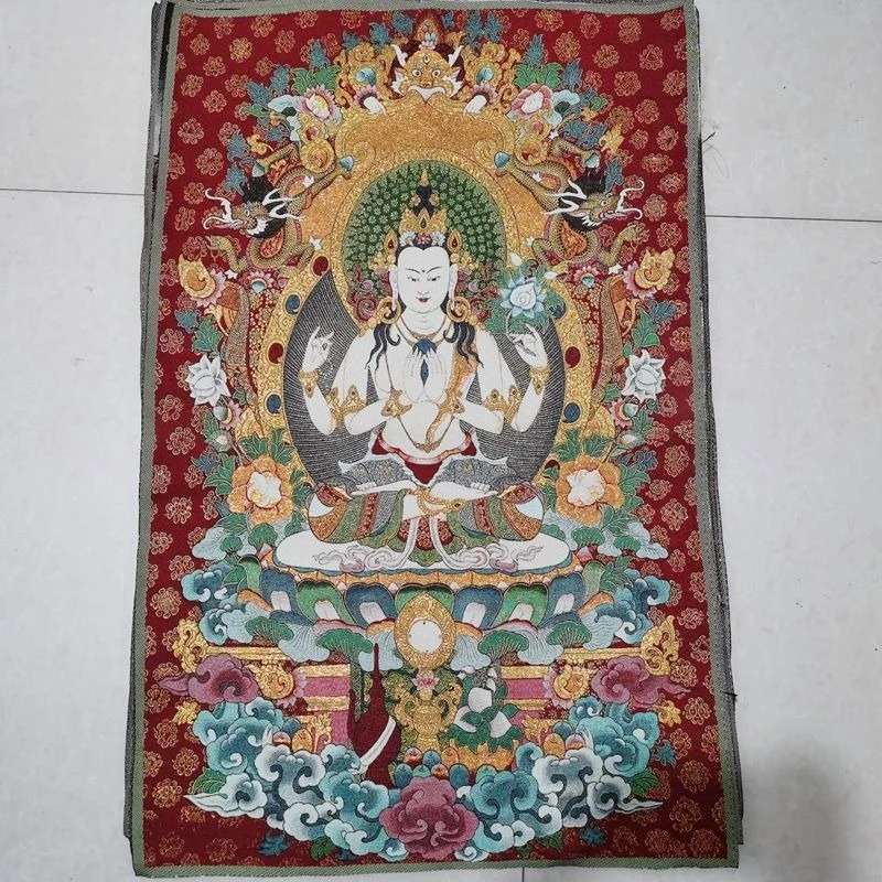 Tibet Tibetan Cloth Silk dragon white four arms guanyin god Thangka Tangka Embroidery Painting Embroidery Hanging Pictures