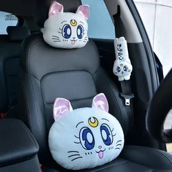 Cartoon Car Headrest Pillow Cute Car Luna Cat Head Plush Neck Pillow Car Seat Headrest Cushion Kawaii Girl Car Accessories