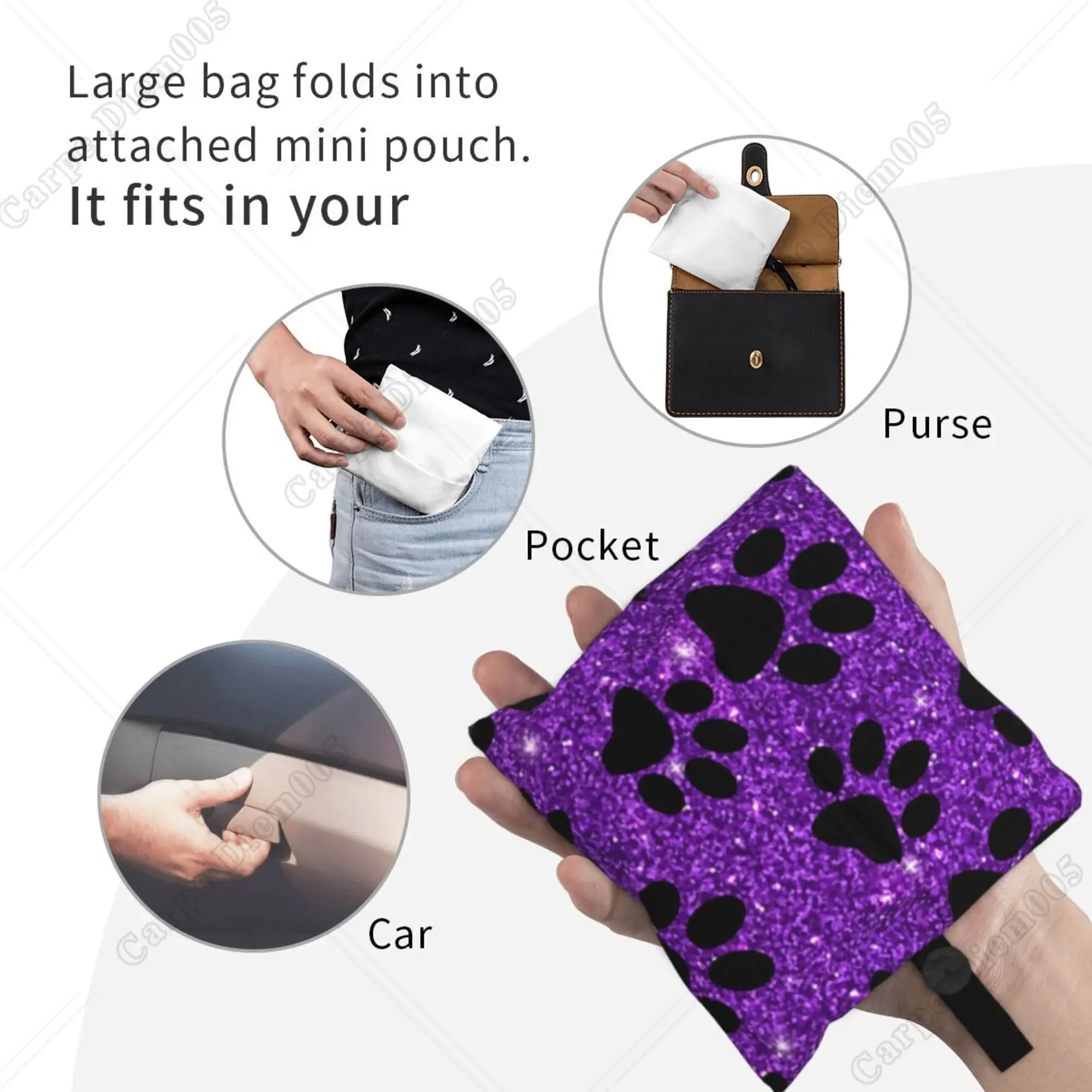 Purple Dog Paws Sparkle Cute Tote Bag Folding Shopper Bag for Women Shopping Work Outdoor Walking Fashion No Zipper Eco