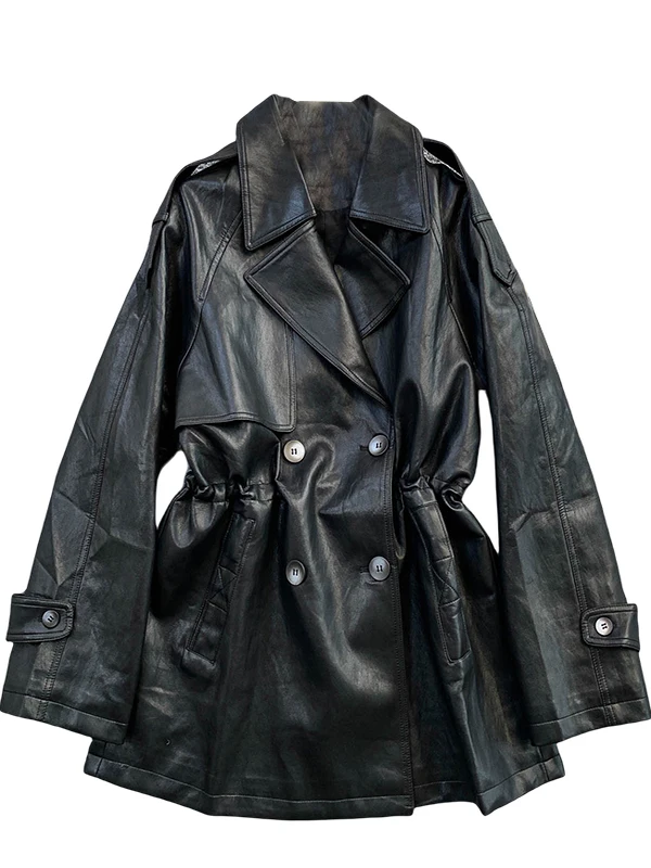 معطف Bury Retro للدراجات النارية من الجلد Jaet للنساء للشتاء طويل رائع وزر إغلاق ملابس خارجية فضفاضة قابلة للتنفس #5