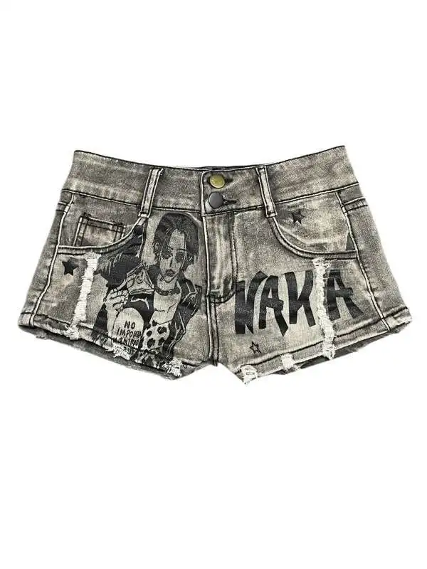 Frauen Neue Stil High Street Elastische Dünne Druck Retro Hot Girl Niedrige Taille Denim Shorts