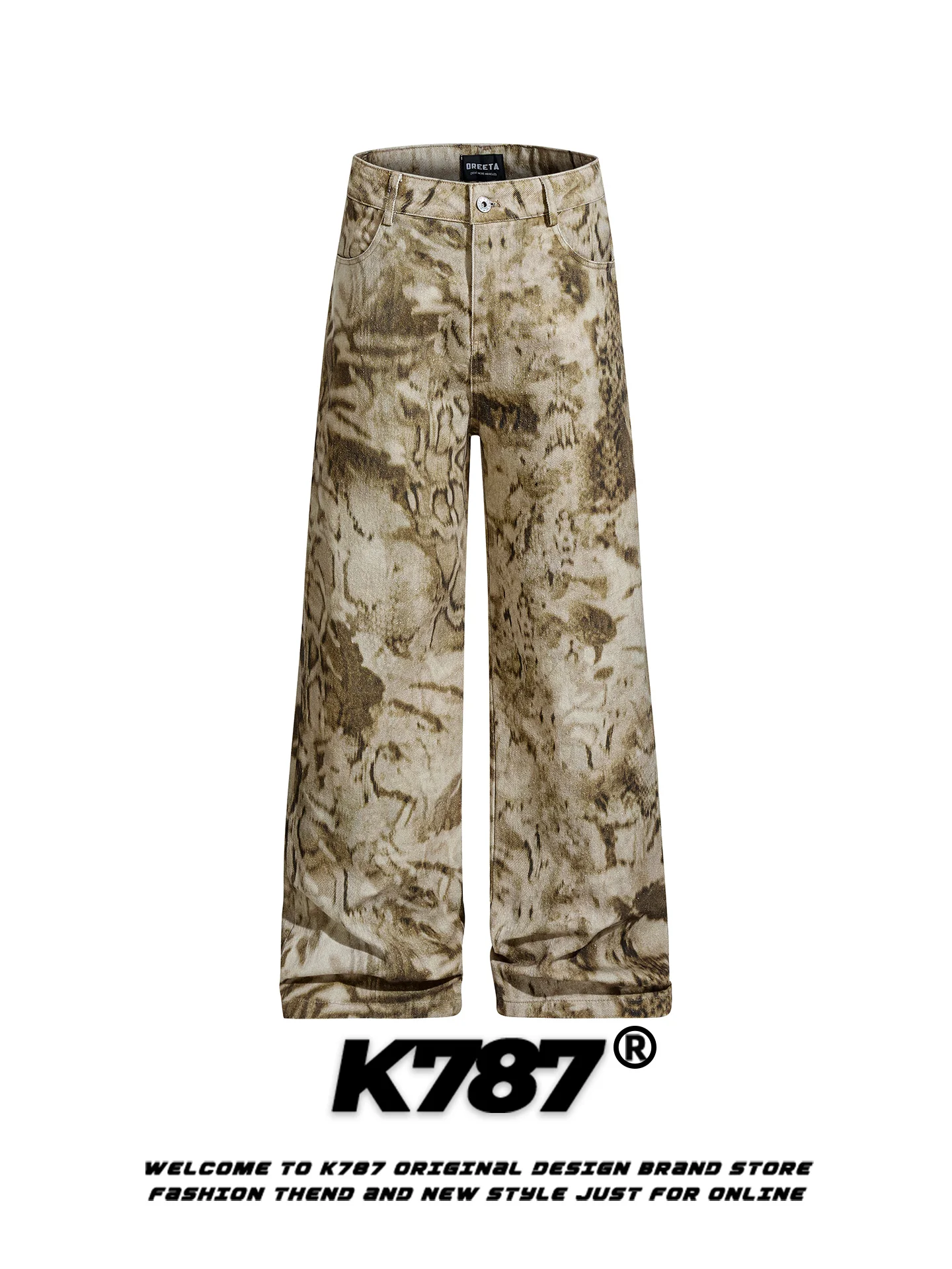 

K787 American Retro Snake Print Casual Pants High Waist Loose Straight Leg Floor-Length Trousers ex High Street Faion
