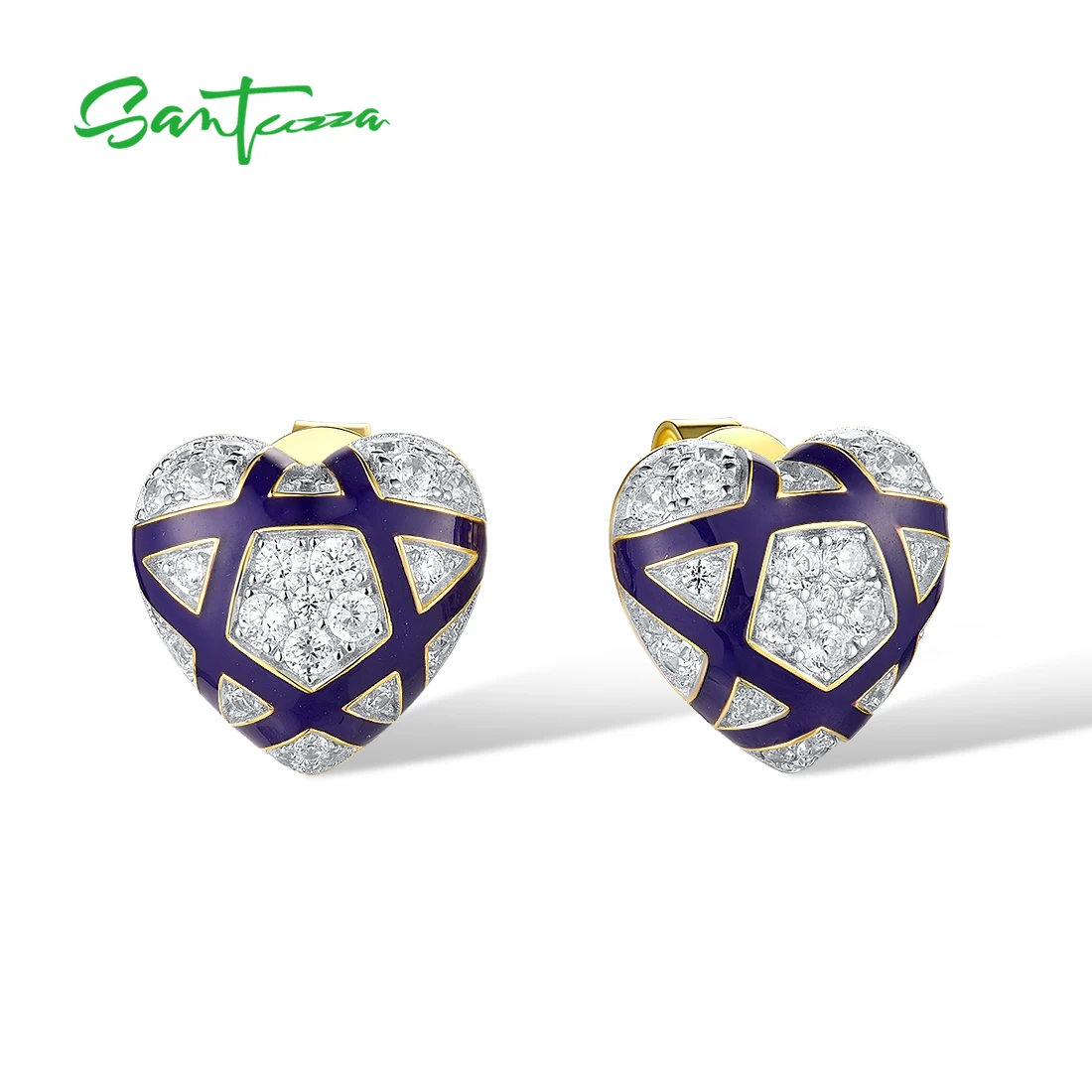 

SANTUZZA Authentic 925 Sterling Silver Earrings For Women Sparkling White CZ Blue Enamel Cute Heart Exquisite Fine Jewelry Sets