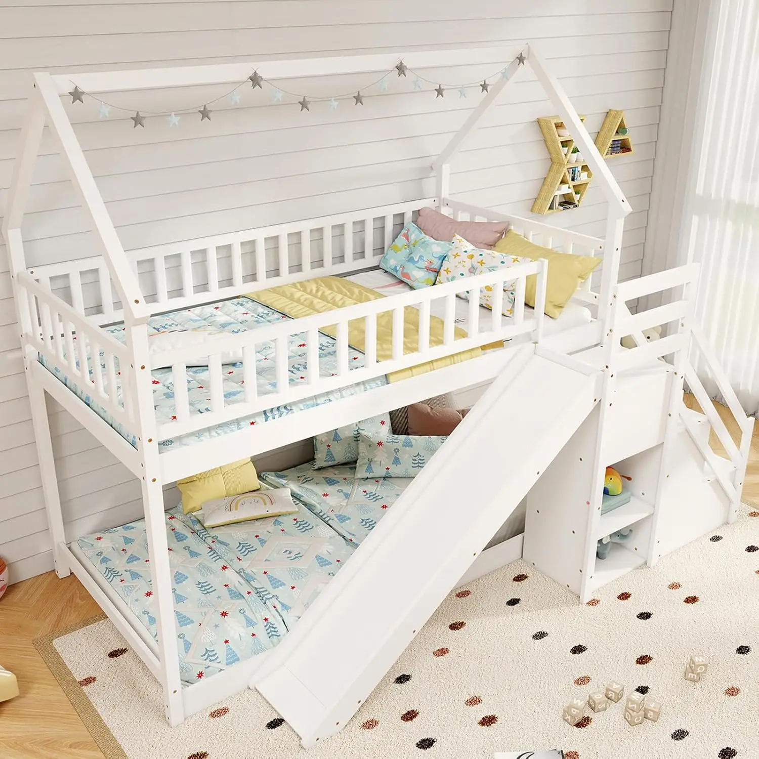 House Bunk Bed Twin Over Twin with Slide , Wood Bunk Bed with Storage Shelves, No Box Spring Needed, Twin Floor Bunk Bed , White