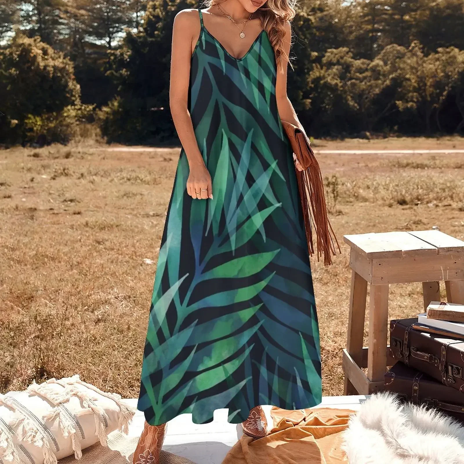 Dark green palms leaves pattern Sleeveless Dress summer women's dress 2025 luxury evening dresses 2025 party dresses woman Dress