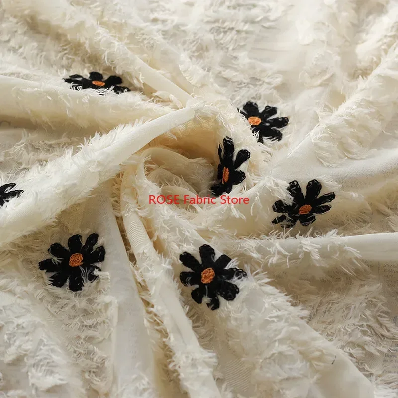 Daisy pattern Embroidered Tassel Chiffon flower Jacquard Fabric For Bridal dress, Girls dress, Evening dress,Costume Design