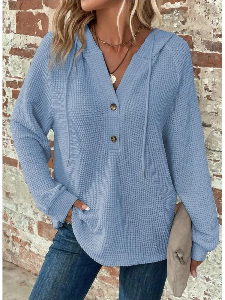 Women's Knitted Hoodies Autumn Winter Long Sleeve V-Neck Sporty Casual Hooded Sweatshirt Women Zipper Drawstring Pullovers