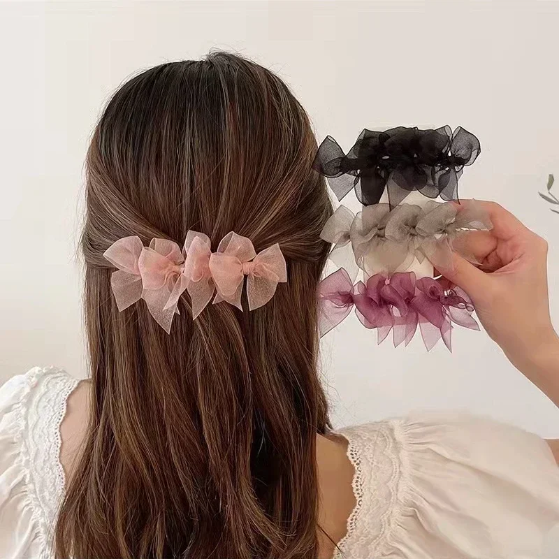 Korean Super Fairy Bowknot Mesh Hair Clips Broken Hairs Bangs Side Clips Girls‘ Students Duckbill Clip Styling Tools Hairpin