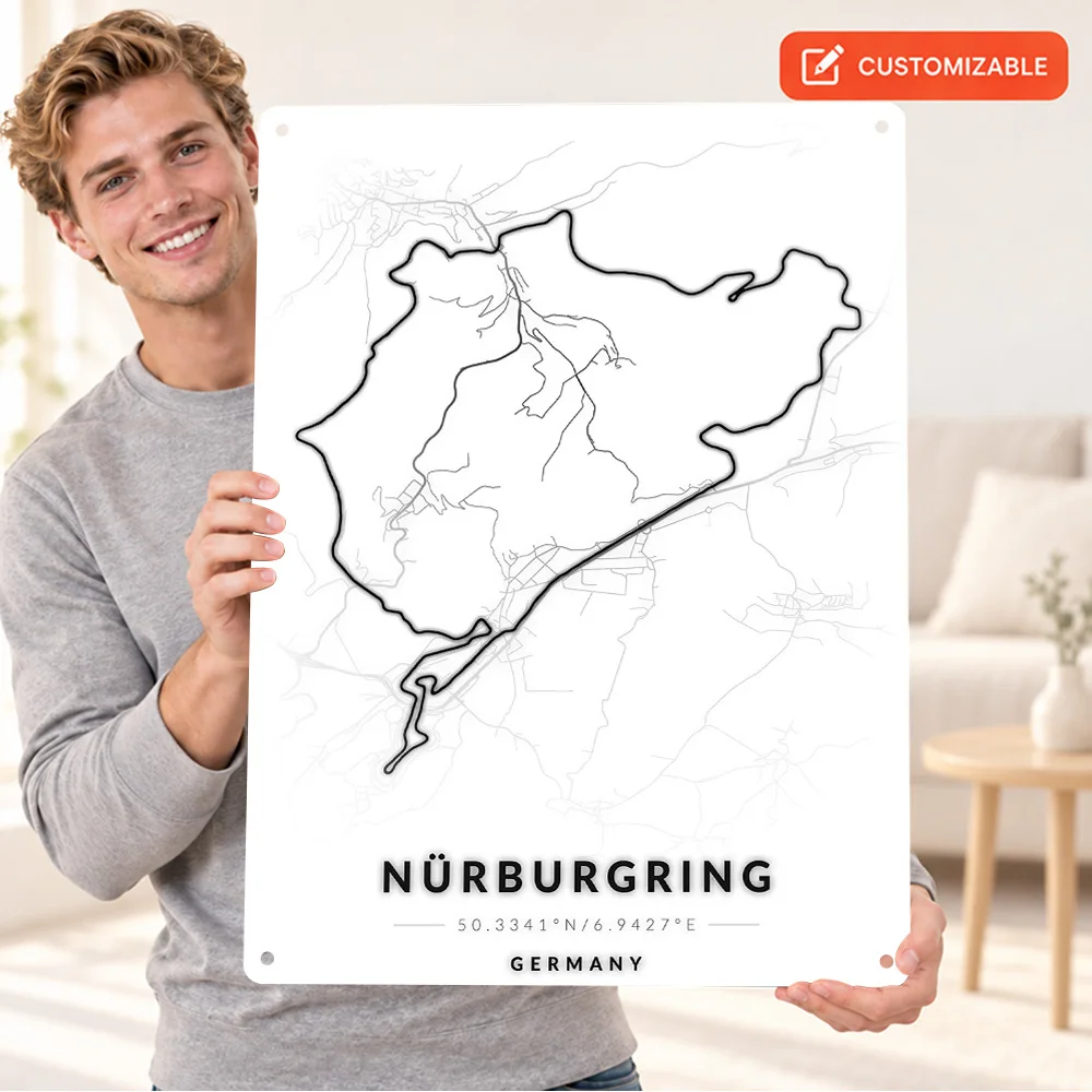 Nurburgring Map Printed Poster Customized Aluminum Metal Sign Minimalist Linework Wall Art For Games Room Driver Birthday Gift