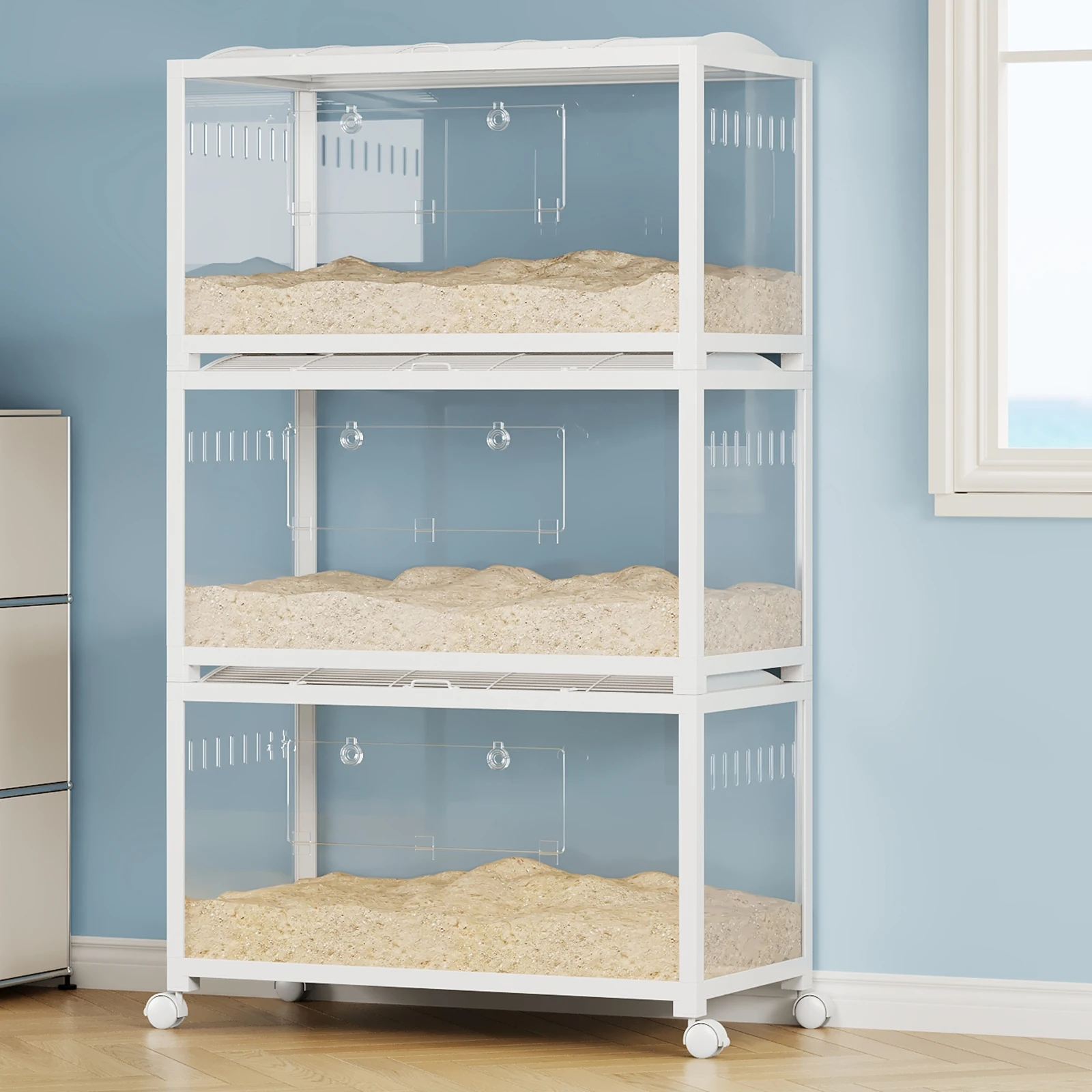 Grande gabbia a 3 livelli per criceti, con fondo in vetro di 18 cm di profondità, habitat portatile per gerbilli con ruota per l'attività fisica, rampe, beccuccio per l'acqua e ciotola per il cibo,
